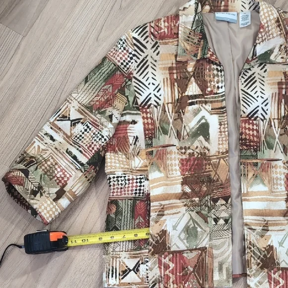 Alfred Dunner Brown Orange Green Cotton Blazer with African Inspired Pattern - Picture 2 of 5